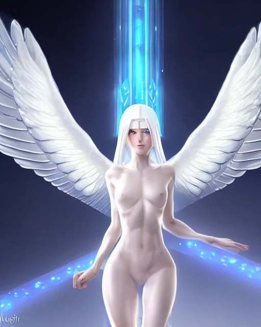 Image similar to perfect white - haired attractive egyptian goddess with large white dove wings, android body, beautiful, symmetric, dreamy, pretty face, blue eyes, detailed, scifi platform, laboratory, experiment, 4 k, ultra realistic, epic lighting, illuminated, cinematic, masterpiece, art by akihito tsukushi, voidstar