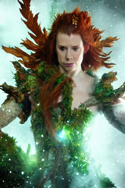 Image similar to Marisha Ray as Keyleth from Vox Machina, Half-elf Druid, realistic cinematic shot, swirling nature magic, subtle fog and mood lighting