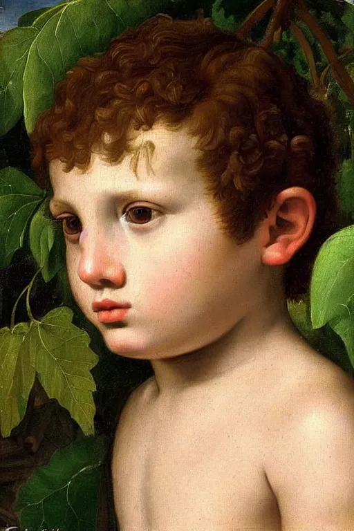 Image similar to renaissance painting of young boy in the garden, closeup, short hair, interest face, emotions closeup, dressed in roman armour, the beautiful garden with birch leaves everywhere, ultra detailed, art by Guido Reni style, Vincenzo Catena style