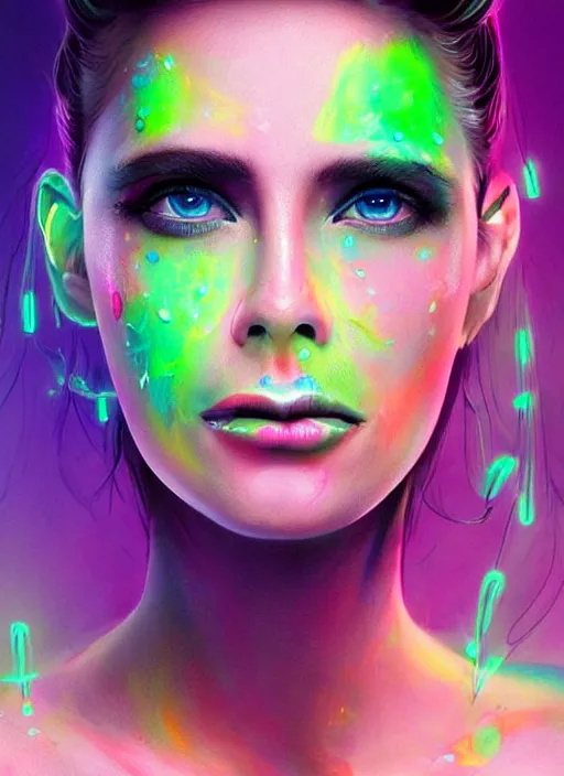 Image similar to gorgeous android portrait with neon face makeup, eightees look, smiling expression, cute nose, retro, beautiful lights, vintage look, hyper realistic, illustration, airbrush, 8 k, intricate, duo tone, art by david la chapelle and philip castle, artgerm