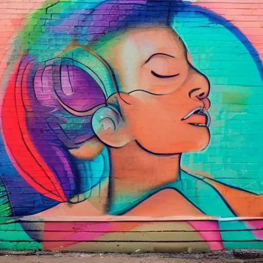 Prompt: This street art is a beautiful example of use of color and light. The street art depicts a woman reclining on a couch, with her head turned to the side and her eyes closed. The woman's body is bathed in a light, and her skin appears to glow. The artist has used a soft, delicate palette to create a sense of tranquility and serenity. The street art is elegant and graceful, and the woman's face is incredibly expressive. It is a truly beautiful street art. by Jack Gaughan tranquil