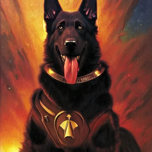 Image similar to a portrait of a man depicted as a black german shepherd dogman canine, star trek the next generation, sitting in front of a console, explosions. highly detailed painting by gaston bussiere, craig mullins, j. c. leyendecker, furry