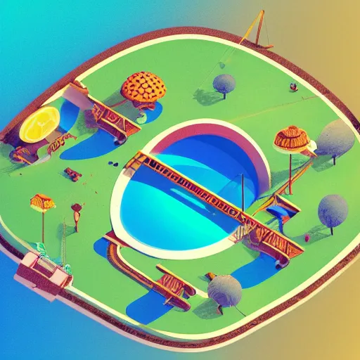 Image similar to circular isometric island on neon background, isometric invironment, 3d art, isometric art, amazing detail, artstation, concept art, behance, ray tracing