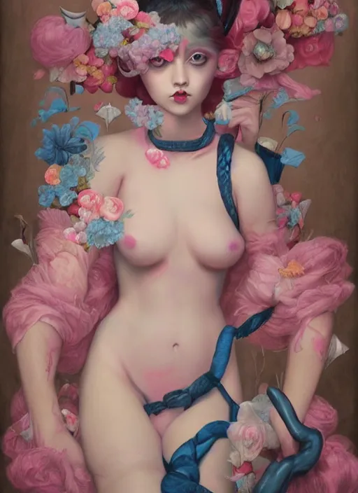 Image similar to pop surrealism, lowbrow art, realistic seductive cute woman sitting painting, pink body harness, japanese shibari with blue flowers, hyper realism, muted colours, rococo, natalie shau, loreta lux, tom bagshaw, mark ryden, trevor brown style,