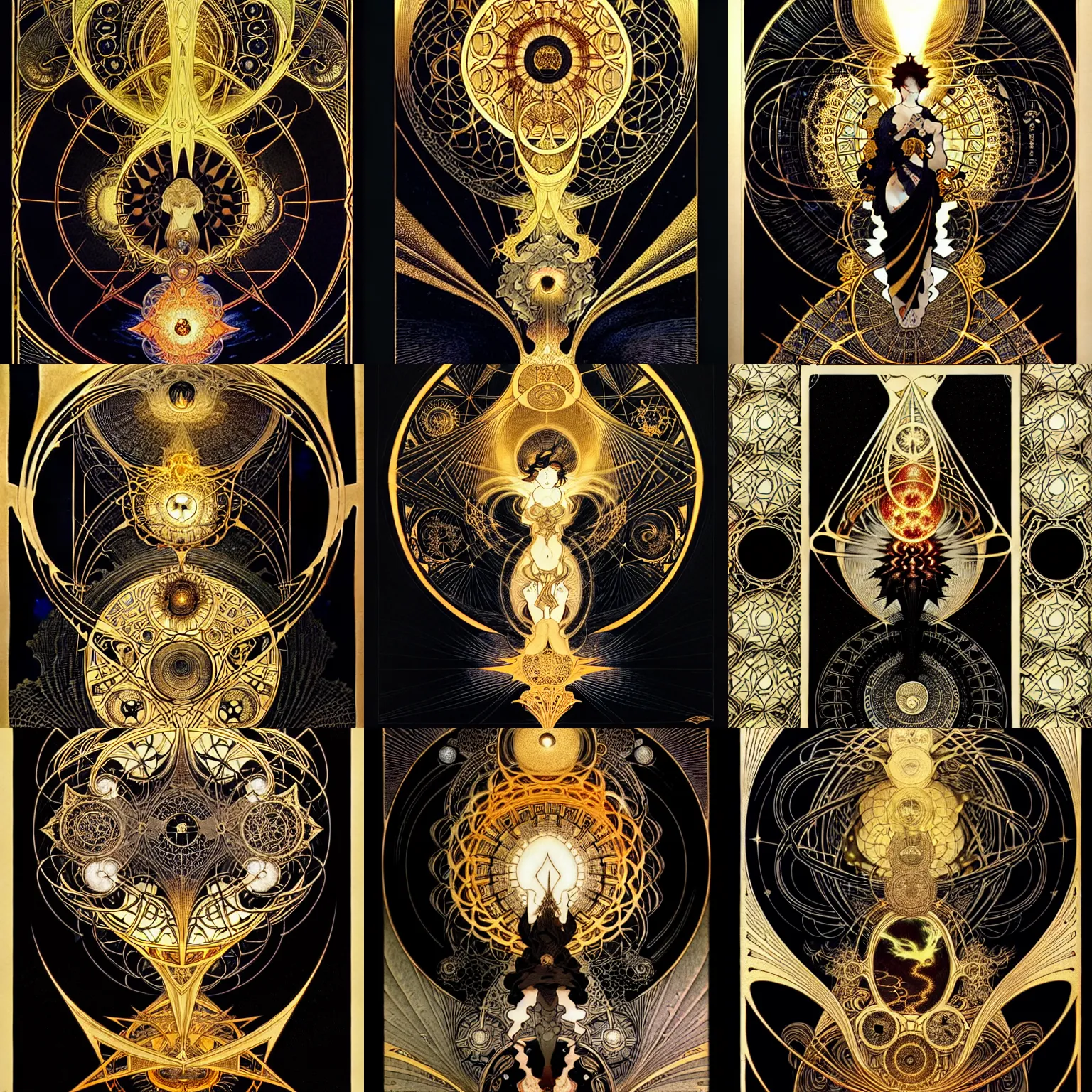 Prompt: the invention of light and fire, black tones, gold tarot card by hokusai, alphonse mucha, james gurney, peter mohrbacher, marc simonetti, mike mignola, black paper with detailed line work, mandelbulb fractal, exquisite detail perfect symmetrical, hyper detailed, intricate ink illustration, golden ratio