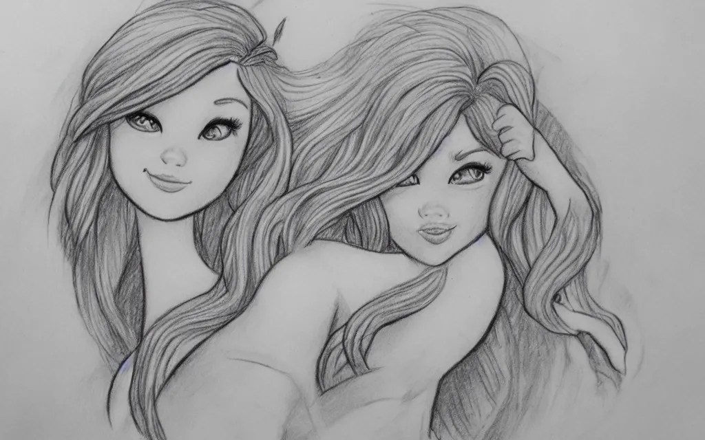 Prompt: pencil sketches of a little mermaid with long hair, white background, defined details, pencil stroke, disney style
