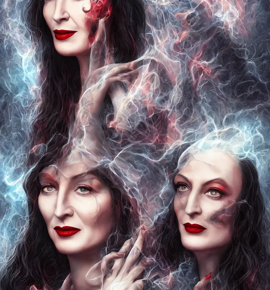 Image similar to a frontal face portrait of Morticia Addams + 25mm f/1.7 ASPH Lens + backlit + incredible lighting+ strong rim light + highly detailed + god rays + digital painting + HDRI, by Alvaro Castagnet, Peter Mohrbacher and Dan Mumford, vivid colors, high contrast, 8k resolution, intricate, photorealistic, smooth