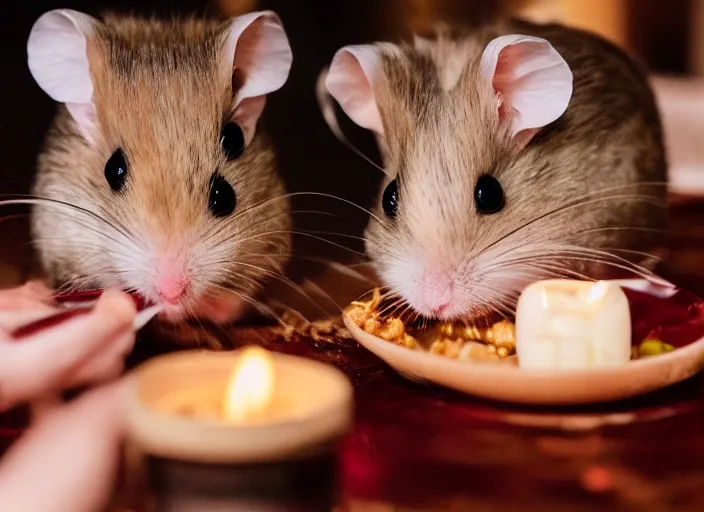 Image similar to photo of a hamsters on a date, drinking red wine, at night, faded colors, candlelit restaurant table, various poses, soft light, centered, sharp focus, 8 k