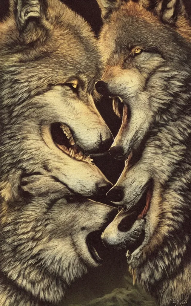 Image similar to two wolves kissing together, airbrush fantasy 80s paleoart, masterpiece album cover with black gradient on edges