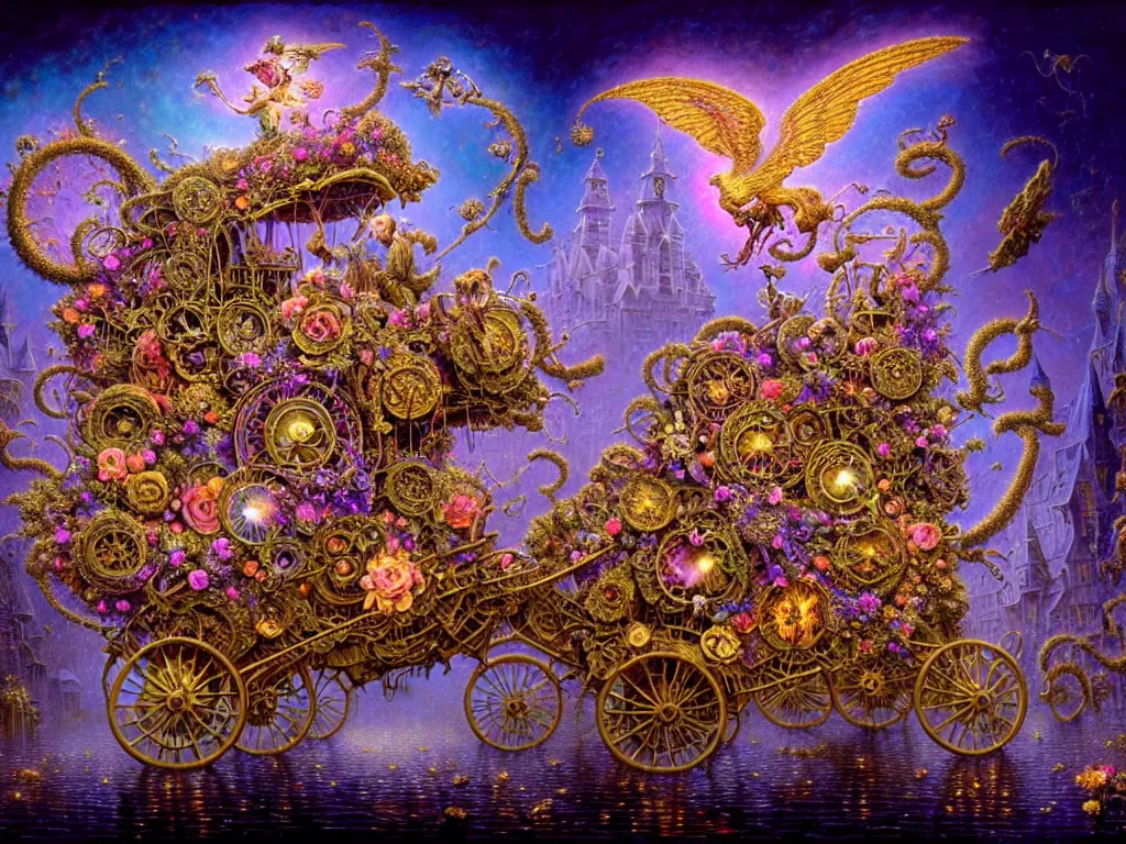 Prompt: intricate detailed haunted flower covered flying carriage magical, Lisa Frank, james gurney,dan luvisi,Petros Afshar,tim hildebrandt,liam wong,Mark Riddick,thomas kinkade,ernst haeckel,dan mumford,trending on artstation,josephine wall, WLOP ,cgsociety by Gediminas Pranckevicius, trending on cgsociety and DeviantArt