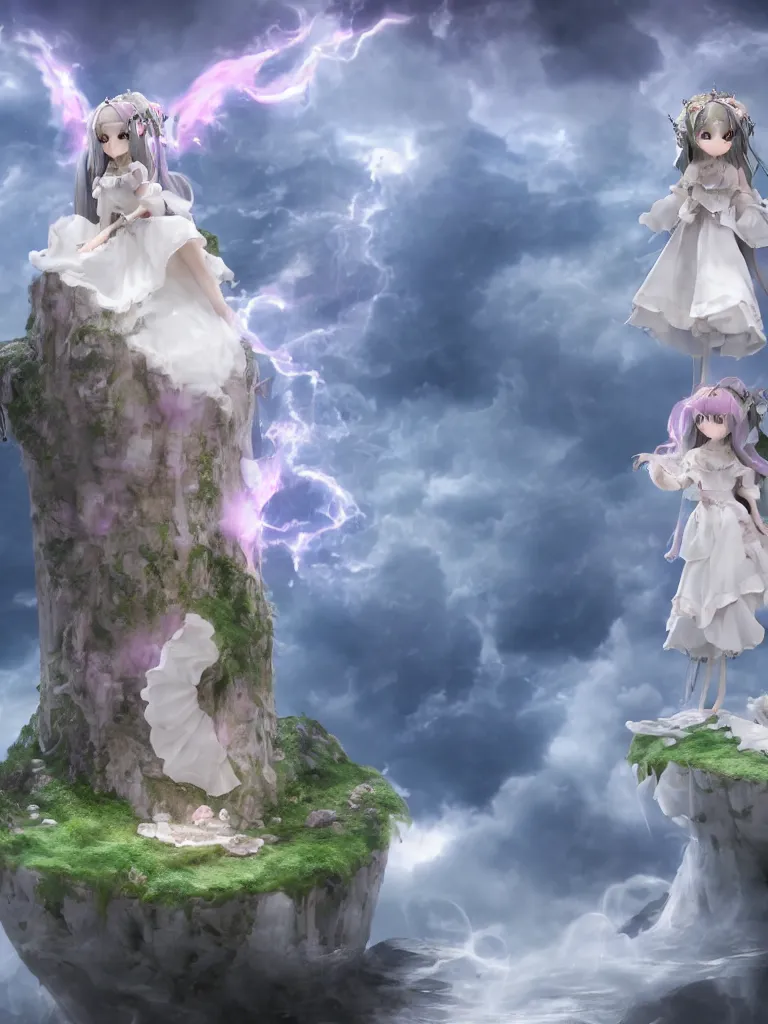 Image similar to cute fumo plush of a princess girl in a tower on a tiny island which she lays sole claim to, selfish empress of the abyss, tempestuous waters and thunderclouds, wisps of volumetric smoke and fog, gothic wraith maiden in tattered white dress, floating island, vignette, vray