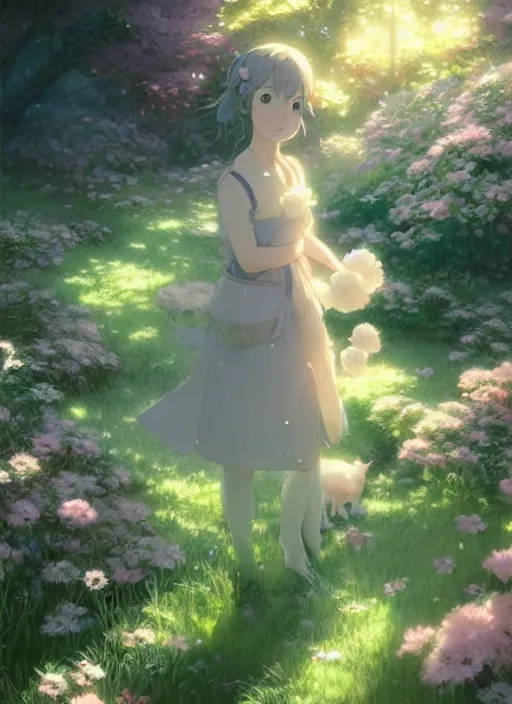 Prompt: portrait of a cute cat in an enchanted garden, digital illustration, by makoto shinkai and ruan jia and studio ghibli