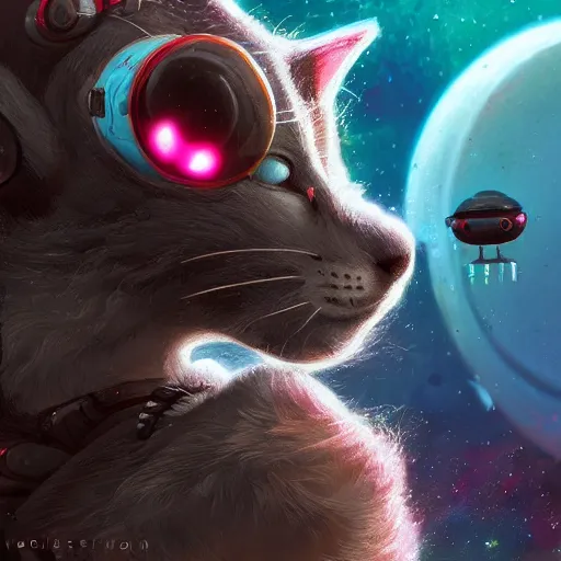 Prompt: cute cat alien robots on moon surface, vivid colors, high details, cinematic, 8k resolution, beautiful detailed, photorealistic, digital painting, artstation, concept art, smooth, sharp focus, illustration, fantasy background, artstation trending, octane render, unreal engine