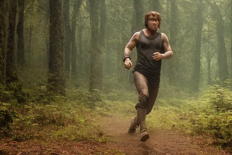 Image similar to still from a fantasy movie, a man running through the forest, muted colors, motion blue, action, 8 k, cinematic, very detailed face, hyperrealistic, movie still frame, promotional image, imax 7 0 mm footage