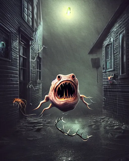 Image similar to realistic, angler fish, human legs, on land, chasing a man, nightmare, dark alley, scary, run for your life, highly detailed, photograph, rainy, dreamy, high definition