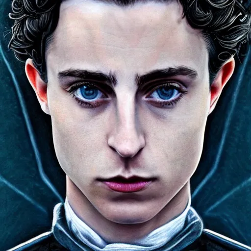 Image similar to realistic paul atreides emperor of the known universe, perfect dramatic and dark portrait by rabbitary b, trending on artstation, deviantart, dune, low angle oil painting and composition laws, dark foggy background, timothee chalamet but he is older, man with thin lines on the face, medium - long curly brown hair, completely blue eyes, denis villeneuve cinematography