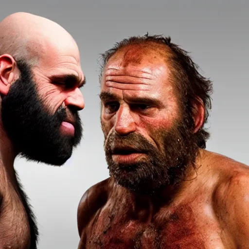 Image similar to photo of ancient caveman surprised to meet Joe rogan, ultra realistic, 4k UHD, pristine