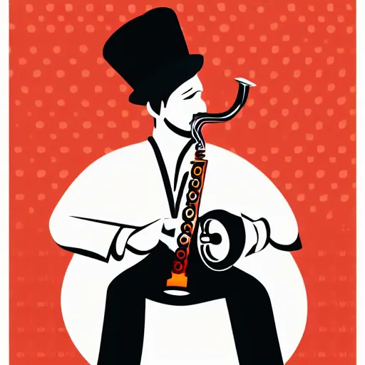 Prompt: modern vector graphic of a singular seated jazz musician with a bowler hat playing a sizzling trumpet solo, 8 colors - n 6