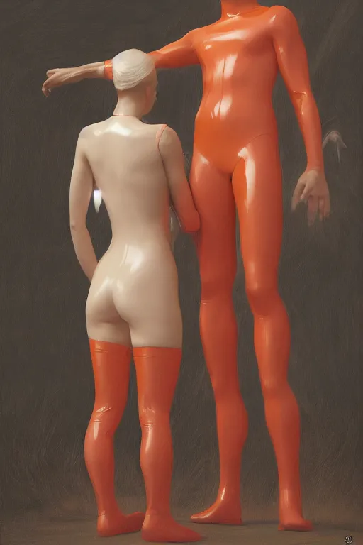 Prompt: young male and female, wearing latex, holding each other hands, by thomas cole and wayne barlowe, bodyshape by kyu yong eom, 8 k, high detail, fantasy art, dnd, artstation,