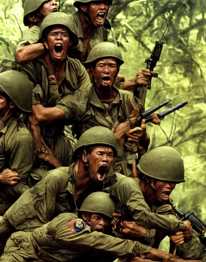 Image similar to Vietnam war scene with a few american soldiers into the jungle, extreme close up of an american soldier screaming with a hand besides his mouth, boixcar style, book cover art, movie still, cinematic lighting, art by Frank Frazetta and Alex Ross, award-winning masterpiece with incredible and beautiful details digital art, trending on artstation, smooth, sharp focus HD, 4K