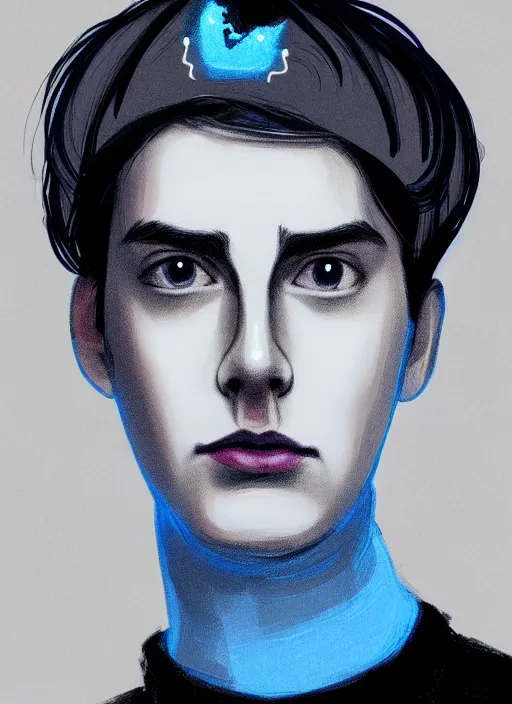 Image similar to portrait of teenage jughead jones wearing a light grey crown, crown, blue turtleneck, 1 9 5 0 s, closed eyes, photorealistic, black hair, glowing lighting, intricate, elegant, glowing lights, highly detailed, digital painting, artstation, concept art, smooth, sharp focus, illustration, art by wlop, mars ravelo and greg rutkowski