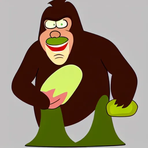 Image similar to bigfoot holding a large pickle. in the animation style of loony too s