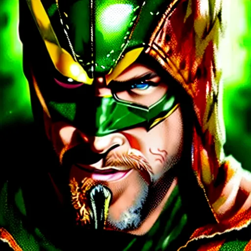 Image similar to uhd photorealistic portrait of ryan reynolds as green arrow, by amano, ayami kojima, greg rutkowski, lisa frank, mark brooks, and karol bak, masterpiece, cinematic composition, dramatic pose, studio lighting, correct face, hyperdetailed, intricate details