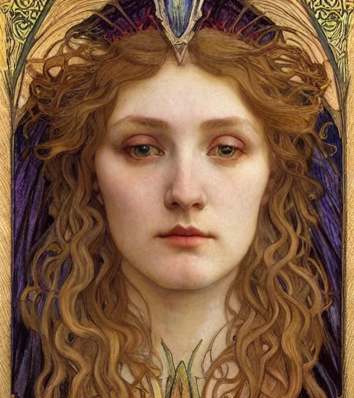 Image similar to detailed realistic beautiful young medieval queen face portrait by jean delville, alphonse mucha, vincent van gogh, and marco mazzoni, art nouveau, symbolist, visionary, gothic, pre - raphaelite