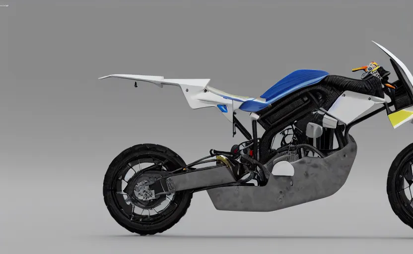 Prompt: suzuki prototype, dakar motorbike, symmetrical mechanical features, designed by pininfarina, fog and dirt, industrial design, northen lights background, brushed white and blue paint, black wheel rims, hard surfaces modelling, mechanical engine, show room scene, dramatic lighting, hyper realistic rendering, made in fusion 3 6 0, bokeh effect, 1 5 0 mm, 4 k