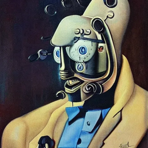 Image similar to A portrait of a humanoid cyberpunk cow wearing a suit, eerie, by Salvador Dali