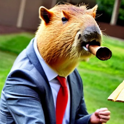 Image similar to an accurate capybara wearing a business suit and smoking a cigar in his mouth