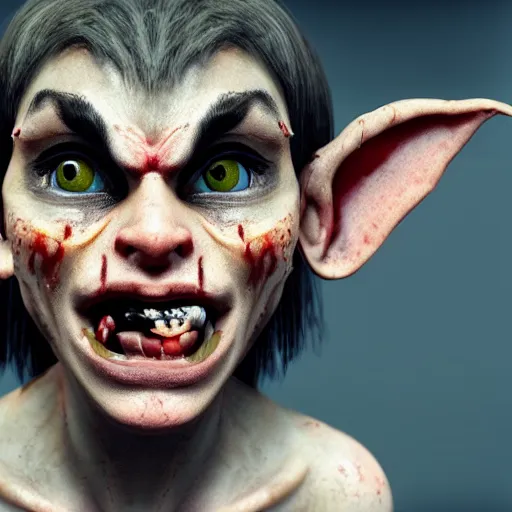 Prompt: a cute, enraged elf with violent skin reflecting a fiery scene, a scarred face, a bob haircut, and bushy eyebrows, grinning, with hell aflame behind them, in the style of gary frank and rafael albuqurque, rendered in unreal engine