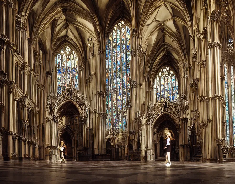 Prompt: a highly detailed unreal engine symmetric portrait of a gothic girl in a richly decorated church with a wet floor and light coming in through the stained windows, bokeh, tilted frame, henry cartier bresson