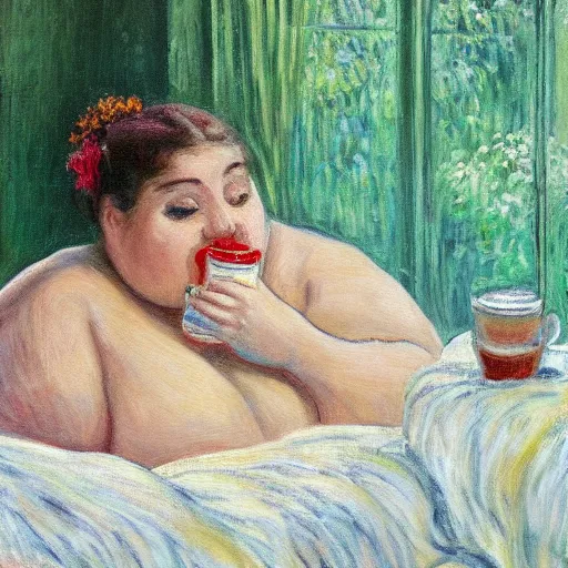 Prompt: a painting of a beautiful fat woman drinking coffee in a bed with white sheets in the style of Monet