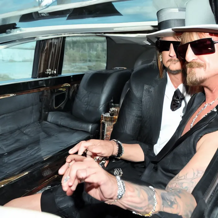 Prompt: highly detailed photograph of kid rock wearing a dress while driving in a limo with putin, movie still, 8 k,