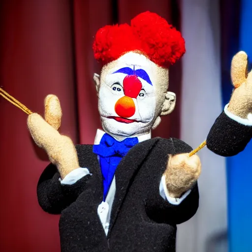 Image similar to puppeteer using a string marionette of a president with clown makeup in a podium