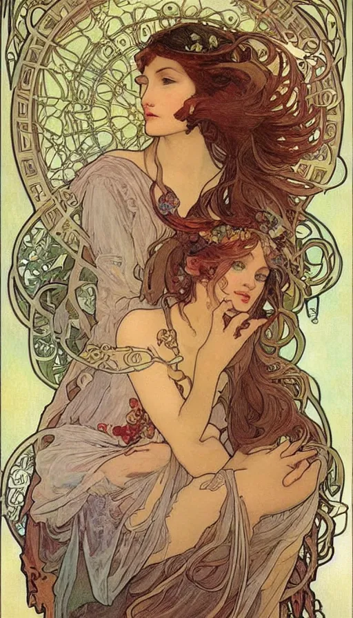 Image similar to fantasy art by Alfons Mucha,beautiful,high quality,masterpiece,incredible,pretty,gorgeous,stunning,appealing,4k,detailed,intricate,fullbody,full body,face