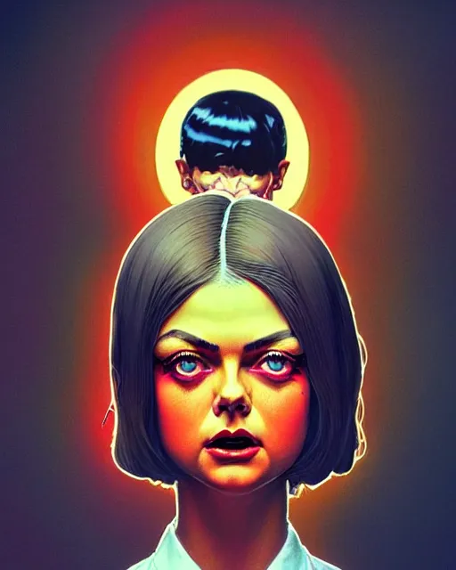 Prompt: in the style of Norman Rockwell and Ilya Kuvshinov, Samara Weaving, symmetrical face symmetrical eyes, full body, in an alleyway during The Purge, people fighting, night time dark with neon colors, fires