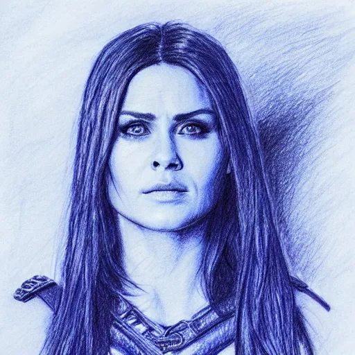 Prompt: blue ballpoint pen drawing of clarke from the 1 0 0