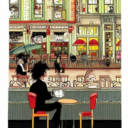 Image similar to busy cafe in a rainy victorian city, neil gaiman