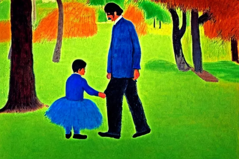 Image similar to a very tall man with dark hair holding the hands of a short young boy as they walk in a park on a bright beautiful colorful day. part in the style of an edgar degas painting. part in the style of david hockney