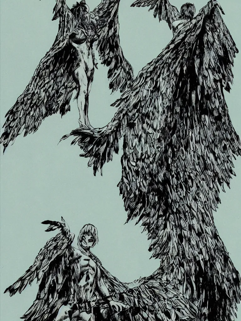 Image similar to a shaman standing on the edge of a cliff wearing a cape made of wings, by guido crepax