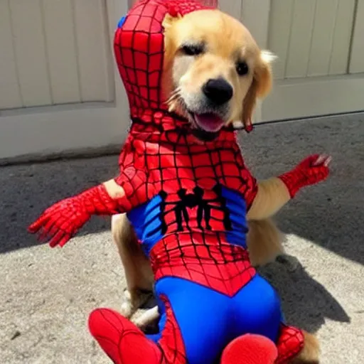 Prompt: golden retriever dressed as spiderman