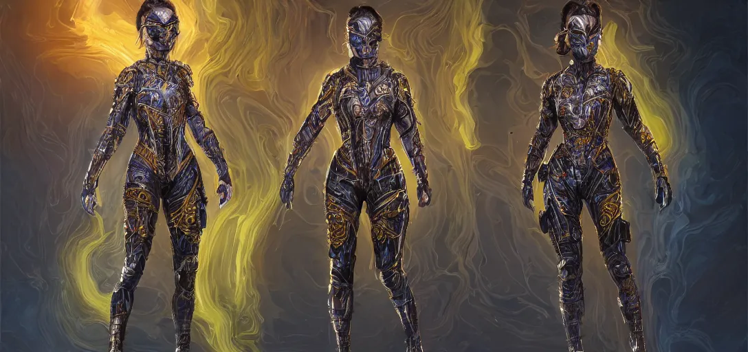 Image similar to character sheet concept art of summer glau as a special forces superhero wearing opalescent diaphanous robes with intricate gold inlay, colorful ferrofluid armor, realistic, hyperrealistic, photographic, costume, wlop, dan mumford, greg rutkowski, high detail, octane render, alexander mcqueen, james gurney, photo, 8 k