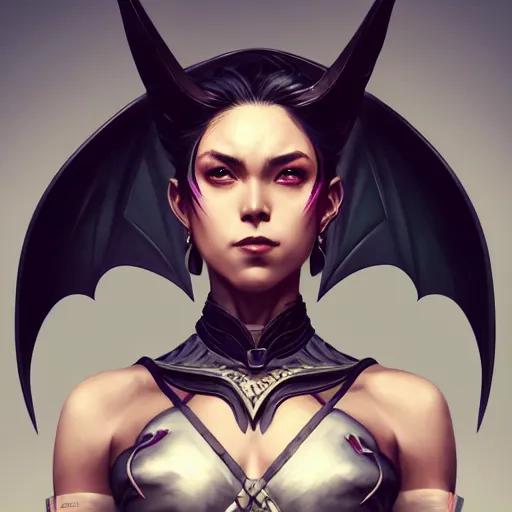 Prompt: 3 / 4 view of a portrait of warrior woman with bat wings, confident pose, pixie, genshin impact,, intricate, elegant, sharp focus, illustration, highly detailed, concept art, matte, trending on artstation, anime, art by wlop and artgerm and greg rutkowski, marvel comics h 6 4 0