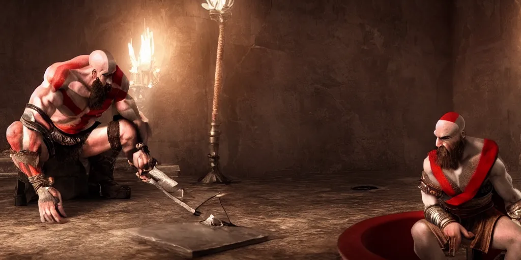 Image similar to kratos the god of war sitting on a modern toilet, cinematic composition and lighting