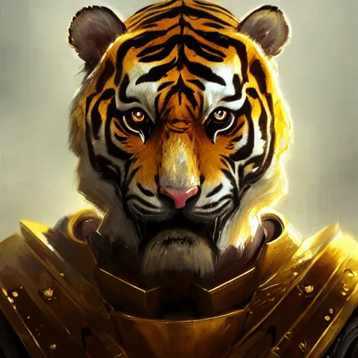 Prompt: a aesthetic award winning commission portrait of an albino tiger wearing golden victorian armour,digital art,art by greg rutkowski,character design by charles bowater,ross tran,photorealistic,detailed face,high quality,deviantart,artstation,characzer concept