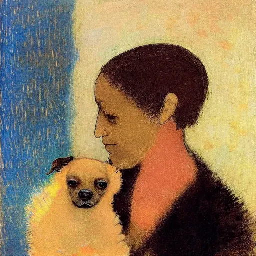 Image similar to a woman and her black and brown chihuahua by odilon redon