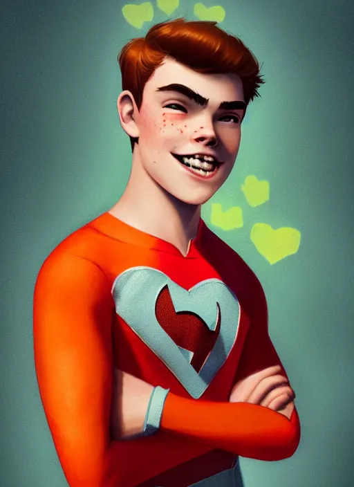 Image similar to friendly teenage archie andrews wearing an orange superhero costume with heart logo, freckles, superhero costume, heart emblem on chest, cape, intricate, elegant, glowing lights, highly detailed, digital painting, artstation, sharp focus, illustration, art by wlop, mars ravelo and greg rutkowski