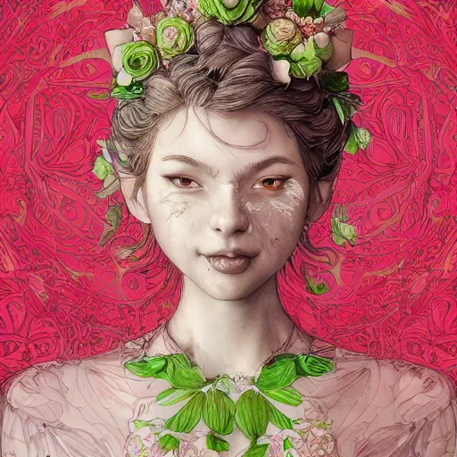 Image similar to the portrait of an absurdly beautiful, graceful, elegant, chaste, young woman made of strawberries and green petals smiling, an ultrafine detailed illustration by kim jung gi, irakli nadar, intricate linework, bright colors, octopath traveler, final fantasy, angular, unreal engine 5 highly rendered, global illumination, radiant light, detailed and intricate environment